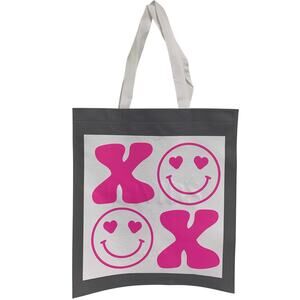 New Upcycled Hand Printed XOXO Smiley Face Valentine Hug Kiss Shopper Tote Bag